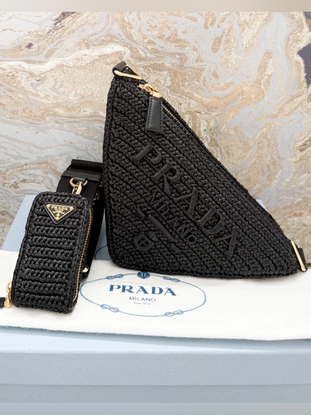 Prada Raffia Effect Crochet Triangle Black Shoulder Bag